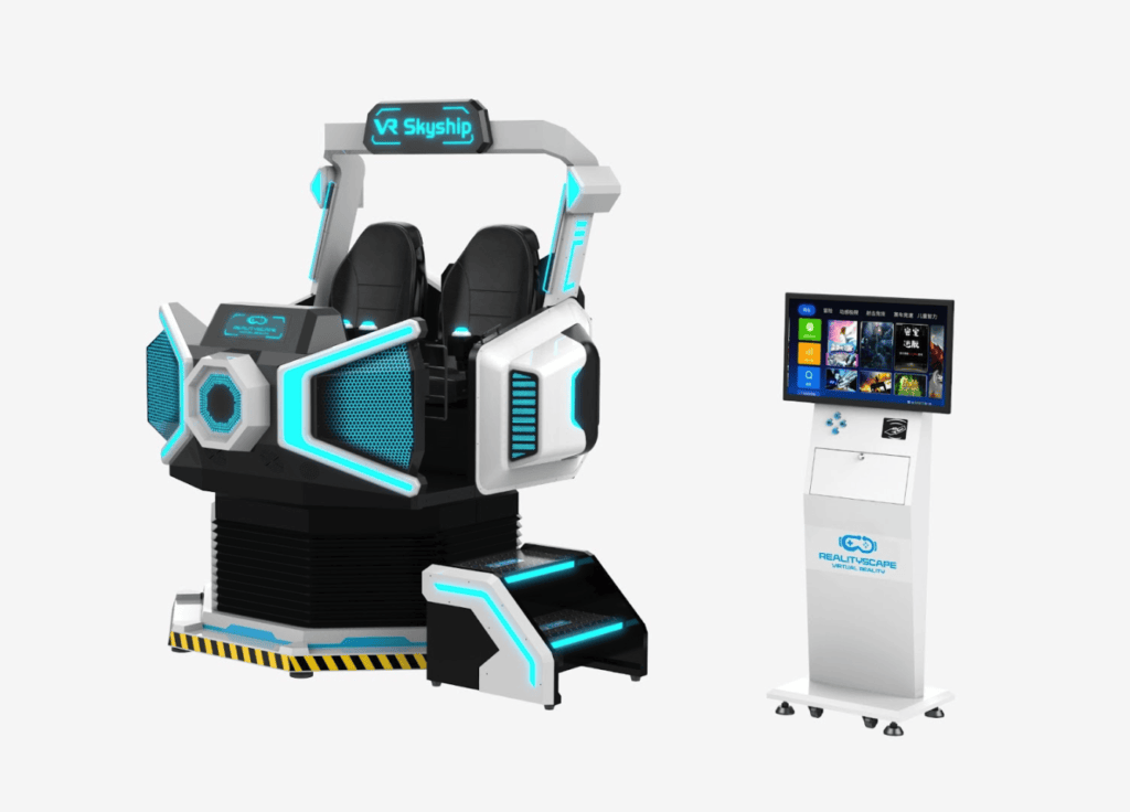 High-tech VR Skyship ride with comfortable seats and digital interface for realistic virtual adventures.