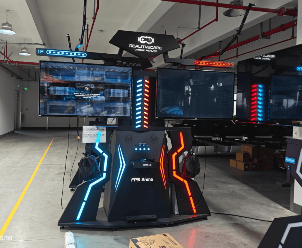 Immersive VR gaming setup with 3 screens, LED lighting, and motion sensors for dynamic virtual experiences.