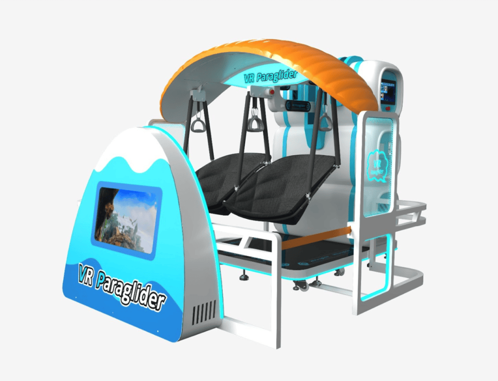 A futuristic VR paraglider simulator with seats, screens, and immersive technology for virtual flight adventures.