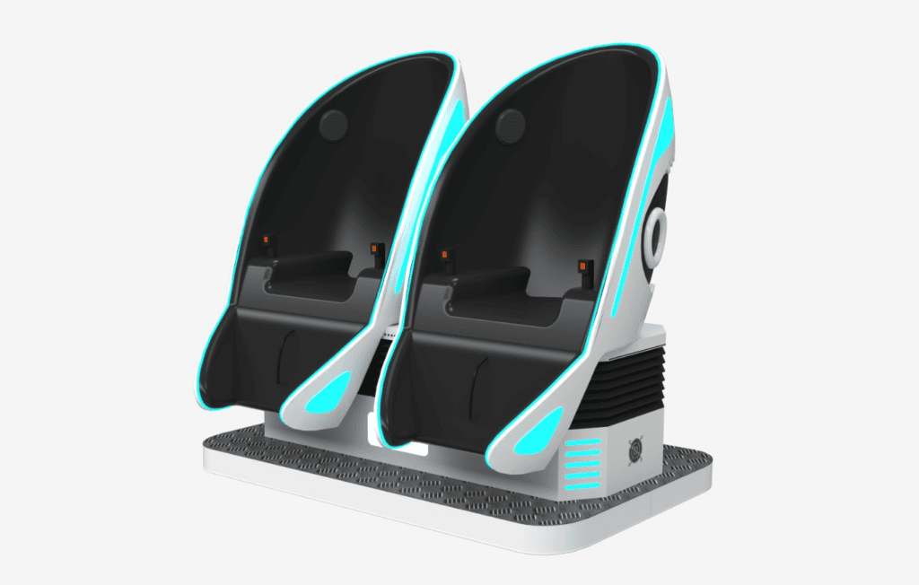 High-tech VR experience station with sleek design and advanced headsets for virtual reality exploration.