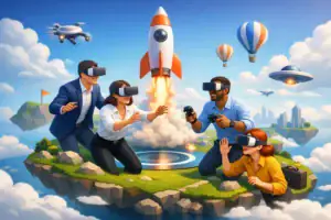Group of people experiencing VR space adventure with rocket launch and flying drones.