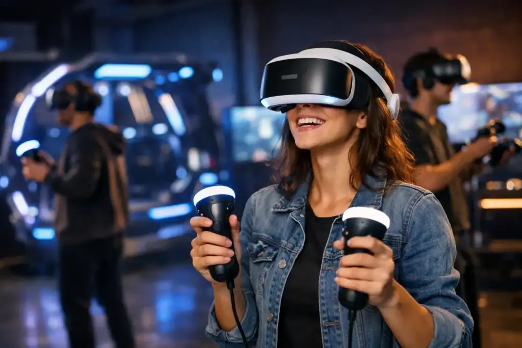 Woman enjoying immersive VR experience with controllers in a high-tech VR arcade.