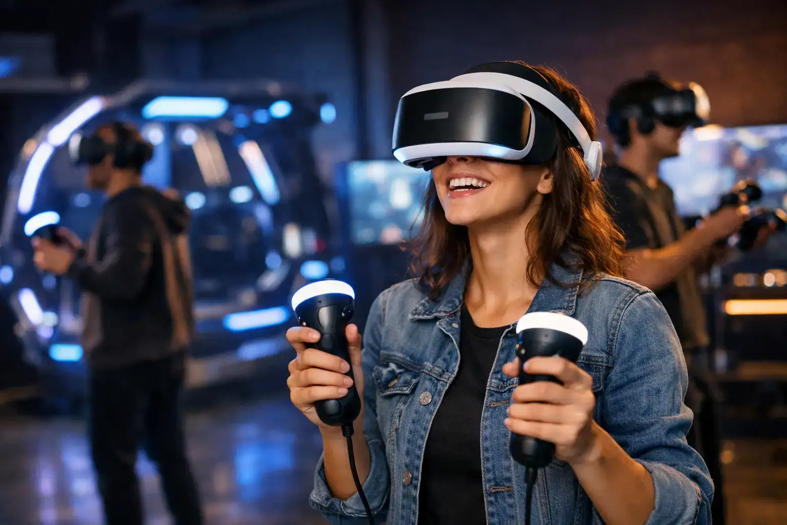 Woman enjoying immersive VR experience with controllers in a high-tech VR arcade.