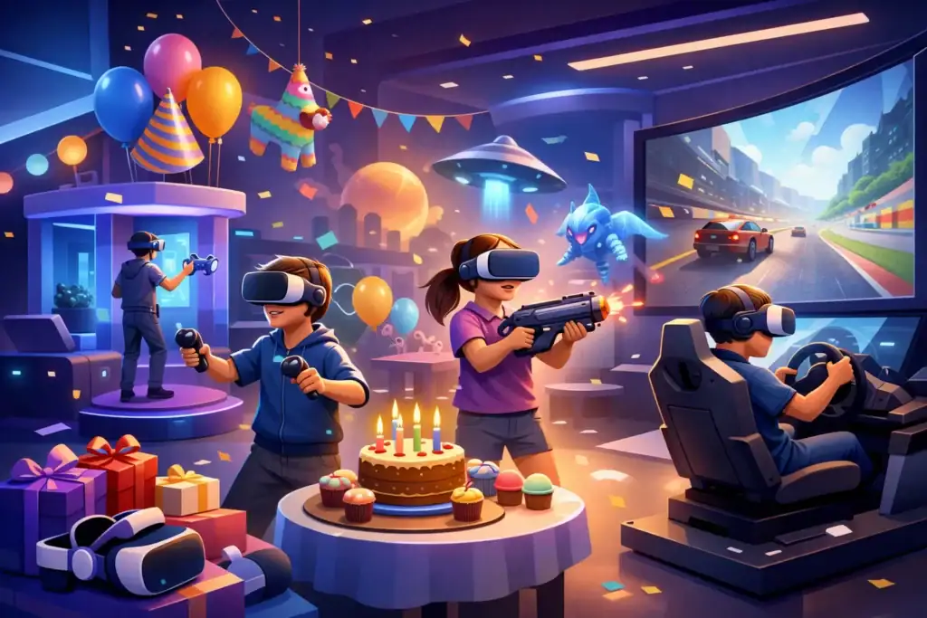 Kids enjoying immersive VR gaming experience with virtual reality headsets and interactive games.
