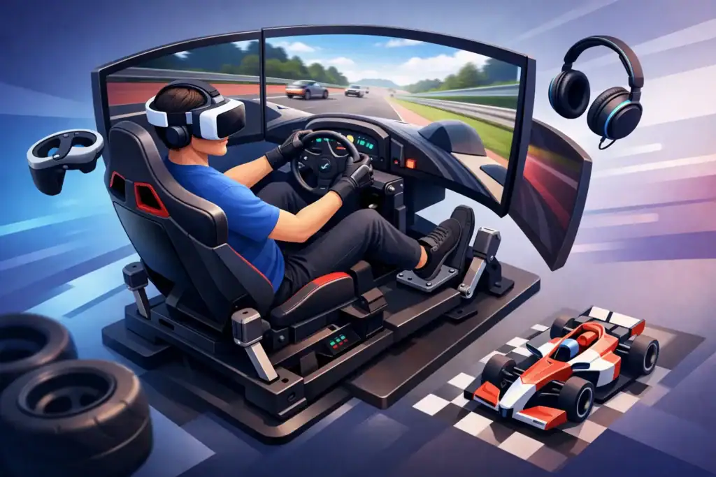Realistic VR racing simulator with multi-screen setup and racing car accessories.