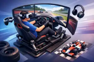 Realistic VR racing simulator with multi-screen setup and racing car accessories.